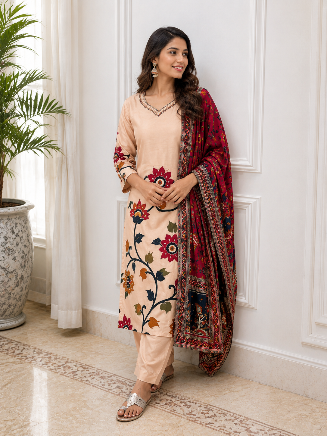 Blush Bloom Pure Crepe Suit Set with Handwork Detailing & Printed Dupatta!🤍