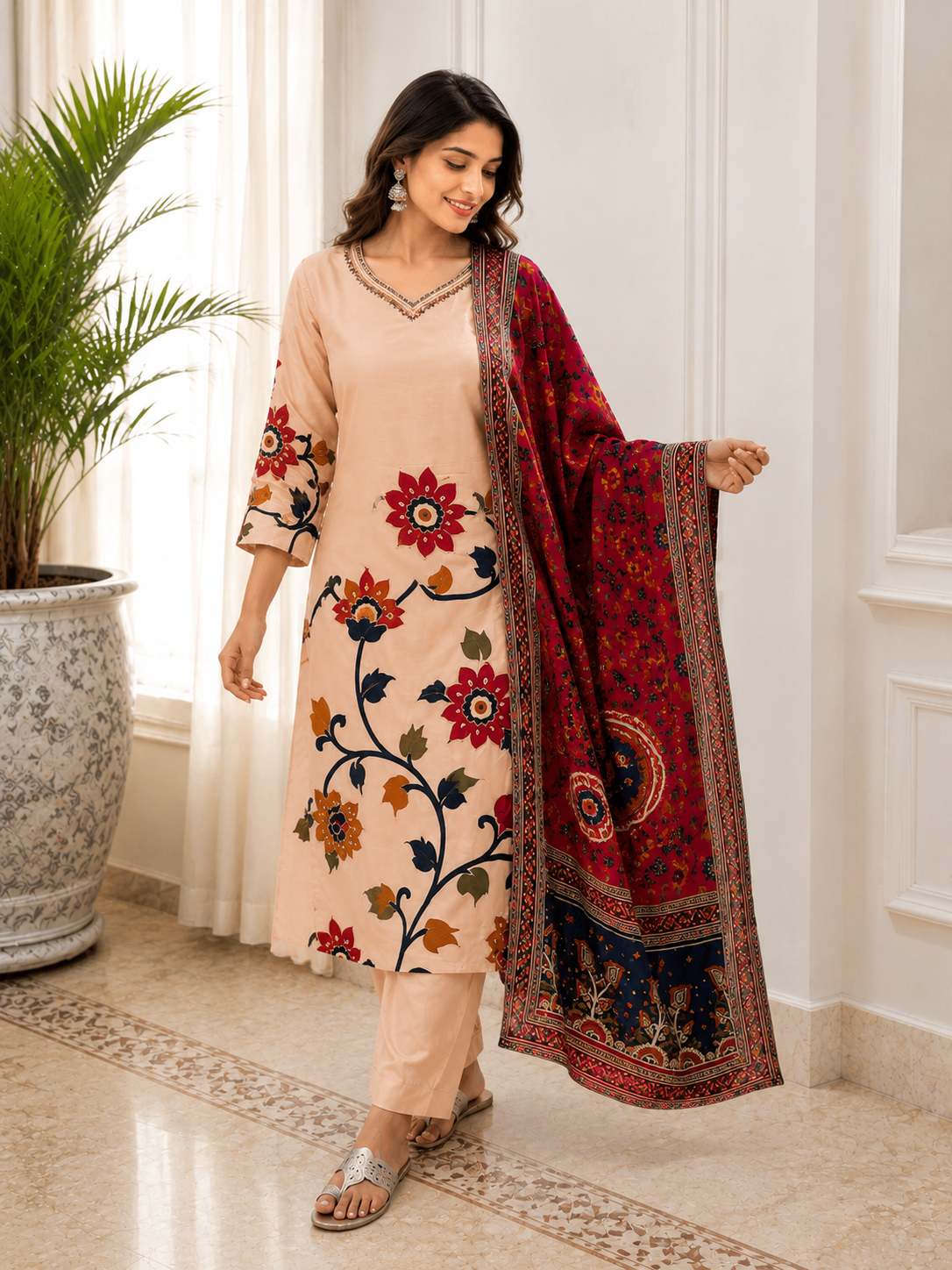 Blush Bloom Pure Crepe Suit Set with Handwork Detailing & Printed Dupatta!🤍