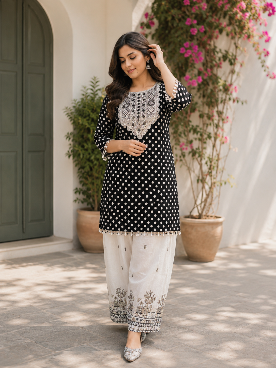 Mirror Tassel Short Kurta with Elephant Thread Work Cotton Farsi Salwar!🖤