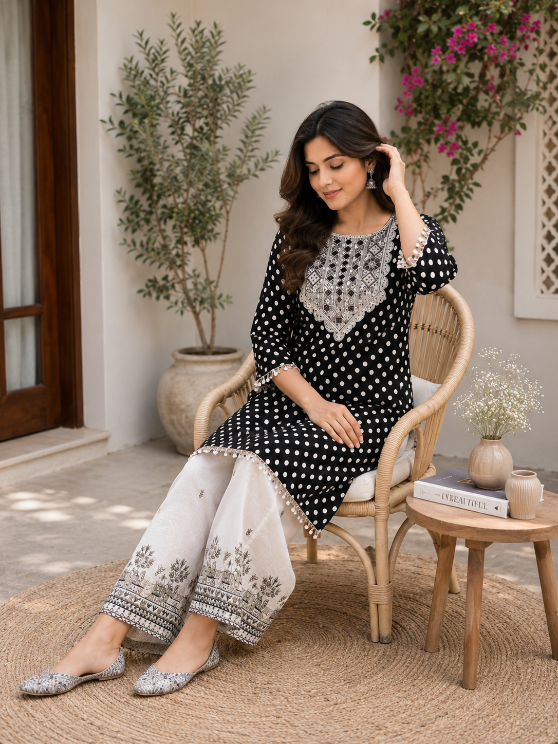 Mirror Tassel Short Kurta with Elephant Thread Work Cotton Farsi Salwar!🖤