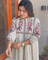Soft White Pure Cotton Flared Thread work Co-ord set!