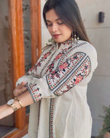 Soft White Pure Cotton Flared Thread work Co-ord set!