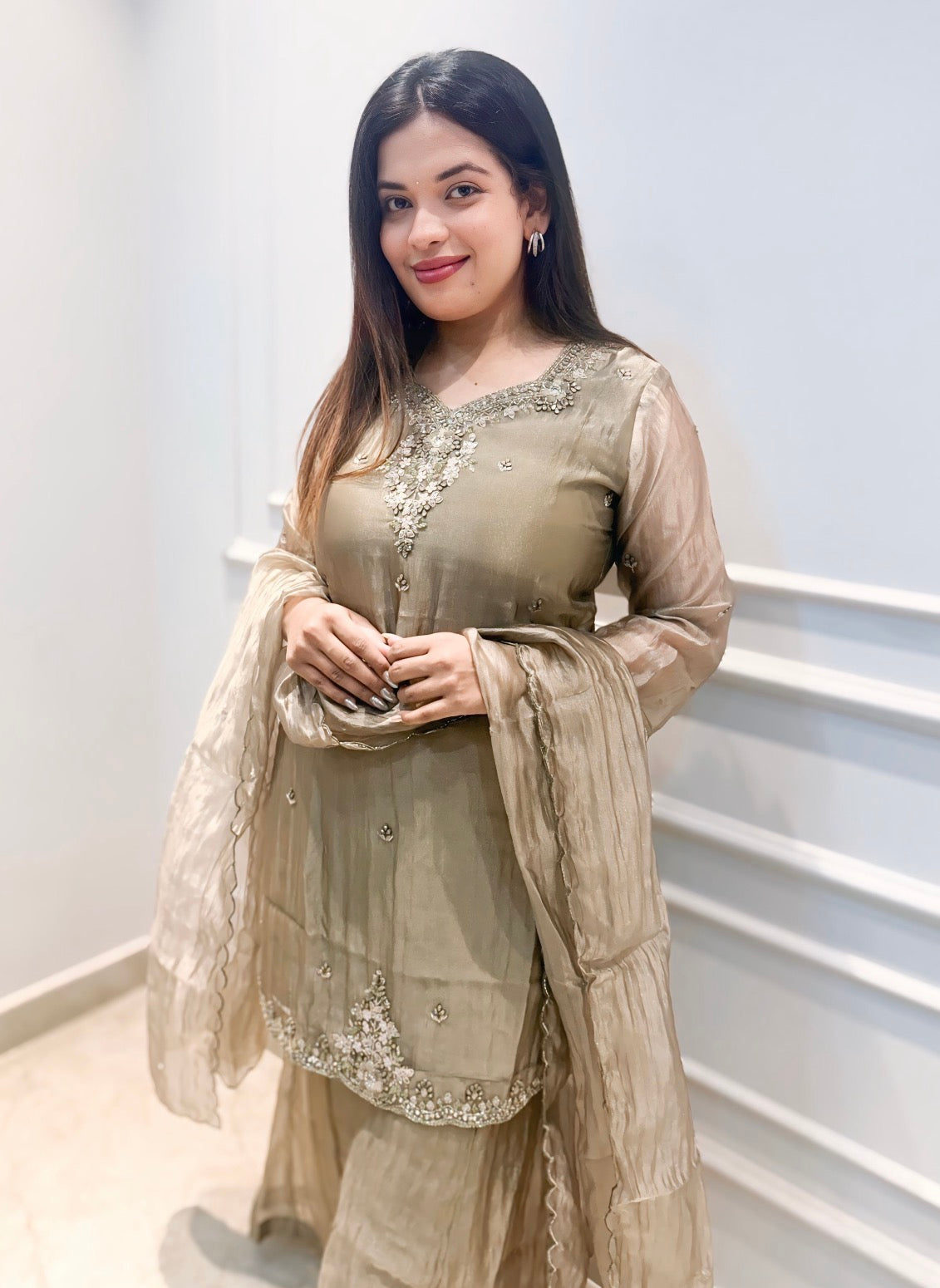 Olive Elegance Embroidered Plazo Set