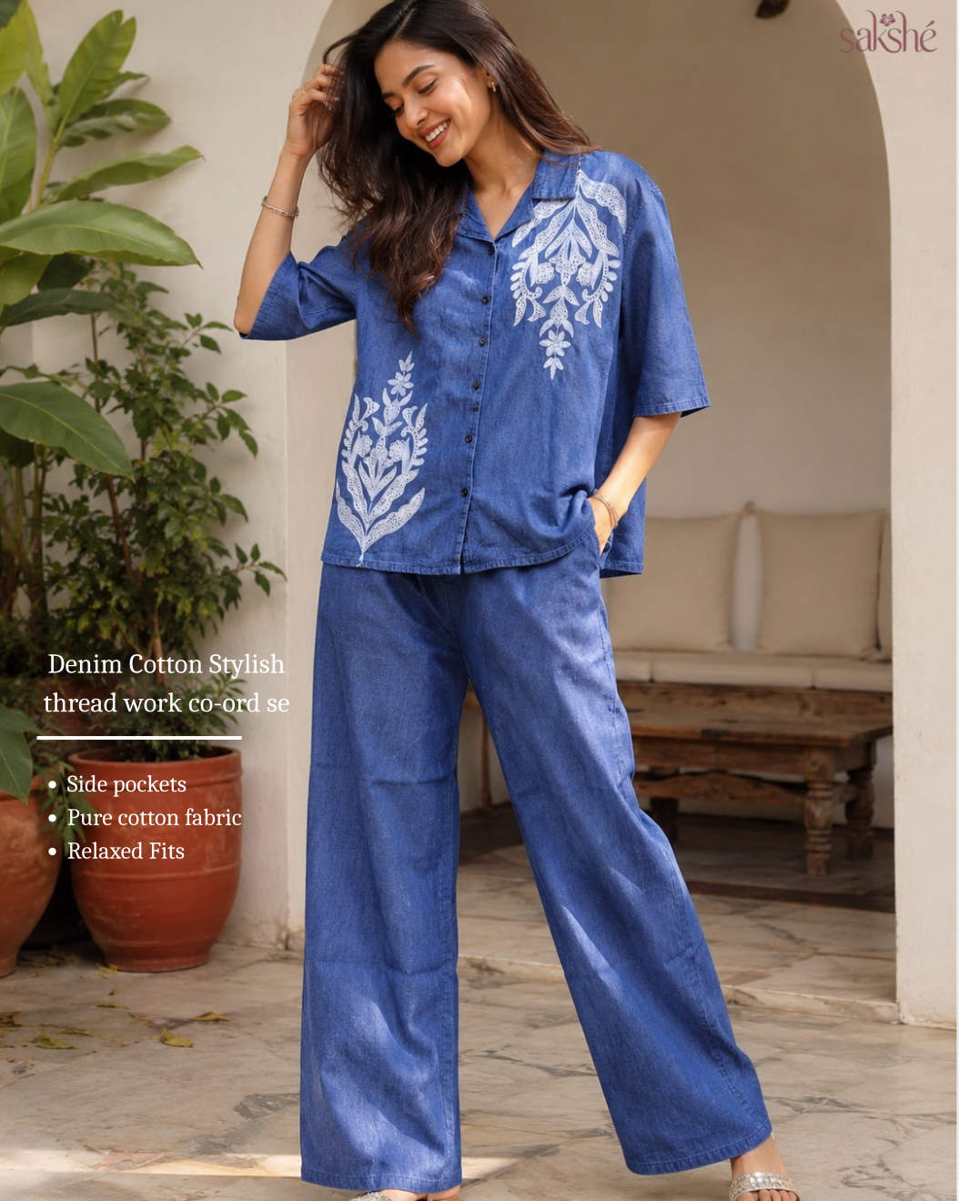 Denim Cotton Stylish thread work co-ord set!💙