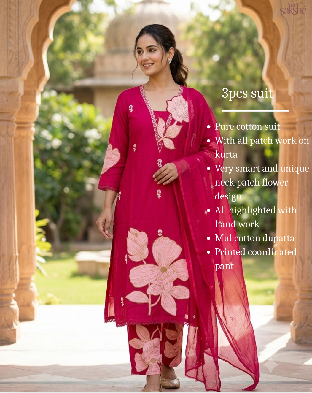 Gulabi Bloom Cotton 3-Piece Suit Set with Patch wrok!❤