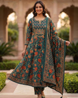 Pure Cotton Printed Anarkali Suit with Embroidery Neck Detailing