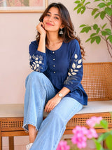 Blue Sleeves embroidery Pure Cotton Tunic!