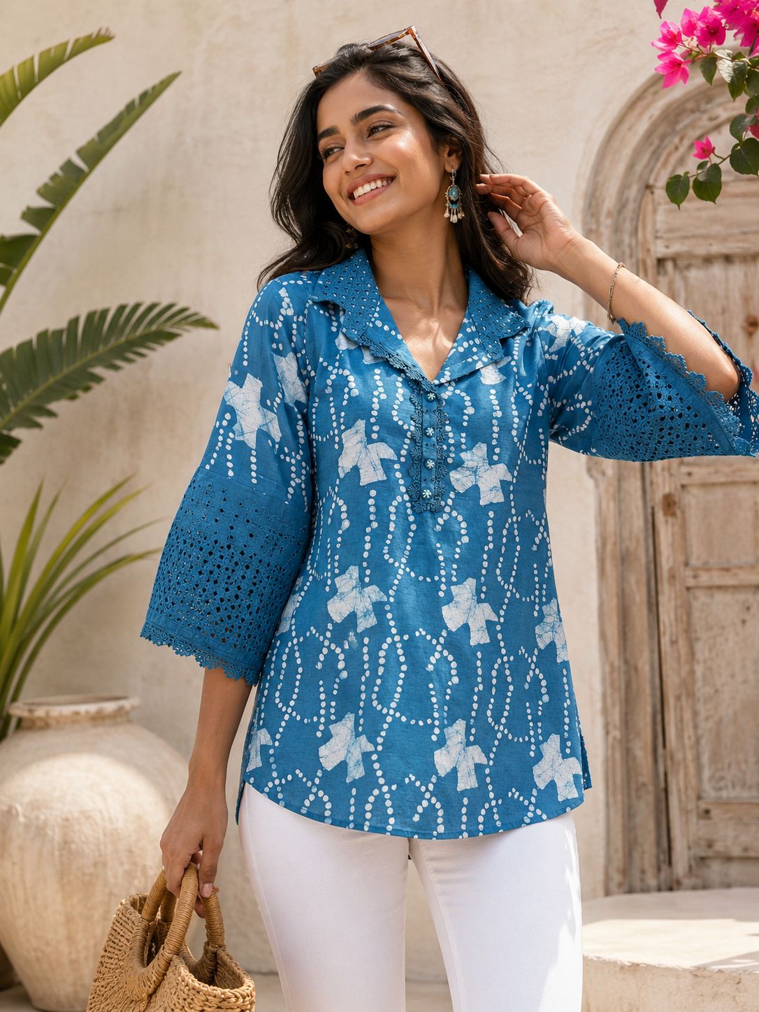 Premium Shibori Print with schiffli Collar and Sleeves Tunic!
