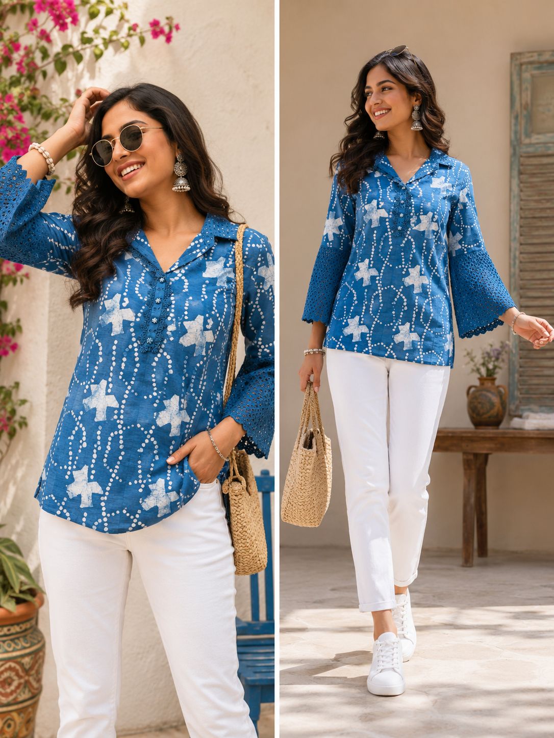 Premium Shibori Print with schiffli Collar and Sleeves Tunic!