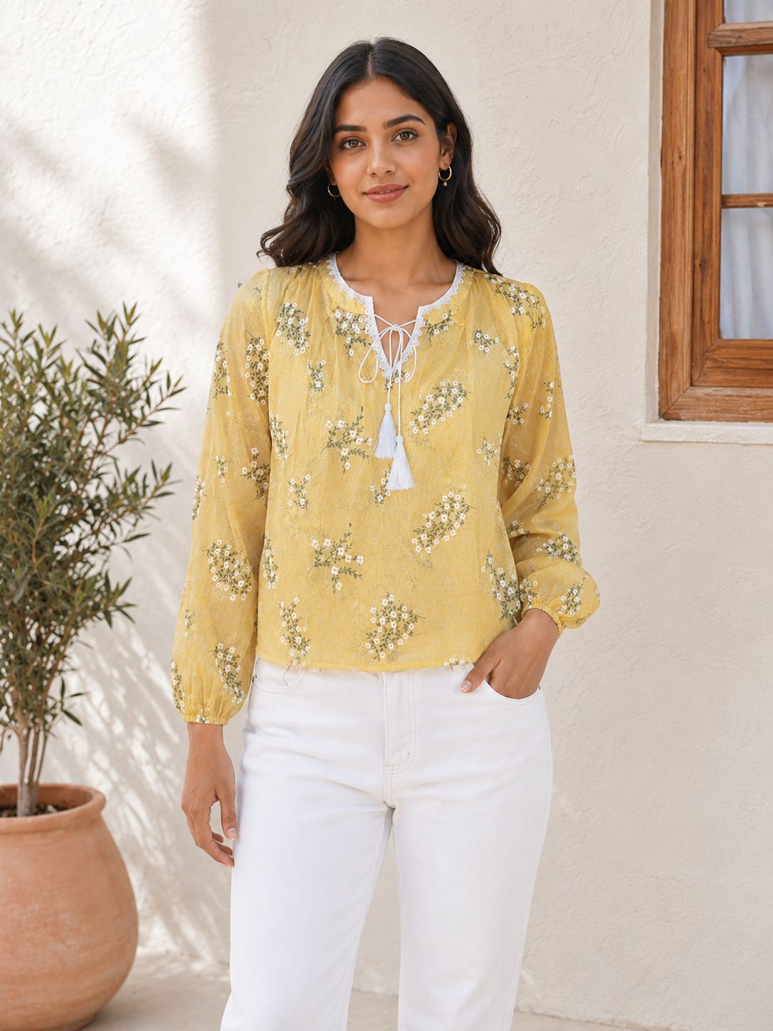 Elegant Sheer Organza Floral Embellished Top – Pastel Collection