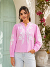 Pink Striped Embroidered Cotton Shirt for Women!🤞