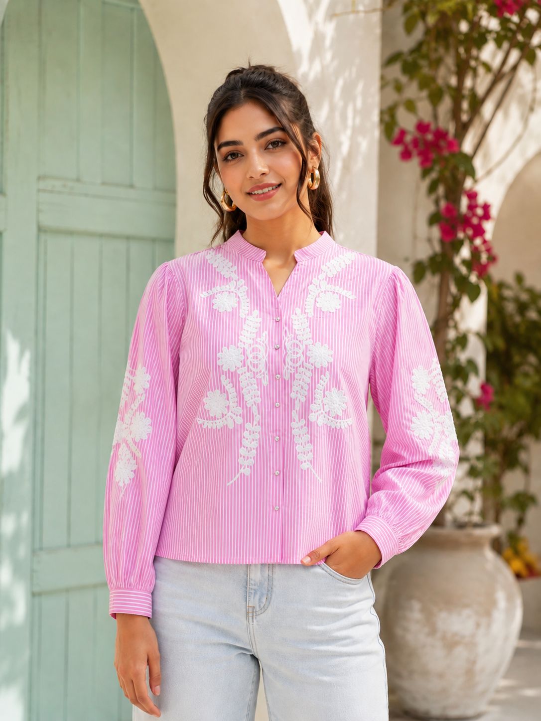 Pink Striped Embroidered Cotton Shirt for Women!🤞