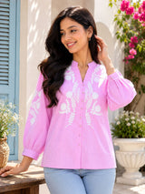 Pink Striped Embroidered Cotton Shirt for Women!🤞