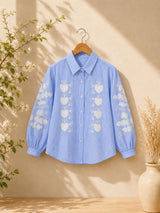 Women's Striped Embroidered Puff Sleeve Cotton Shirt(Blue)!❤