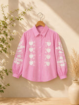 Women's Striped Embroidered Puff Sleeve Cotton Shirt(Pink)!❤