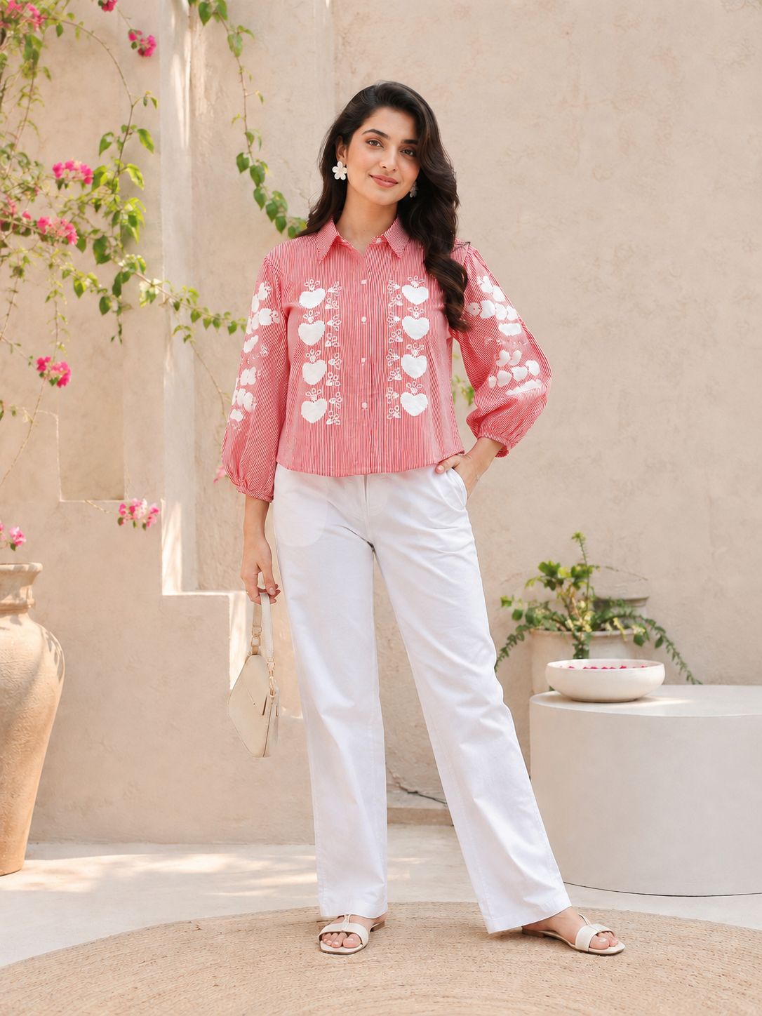 Women's Striped Embroidered Puff Sleeve Cotton Shirt(RED)!❤