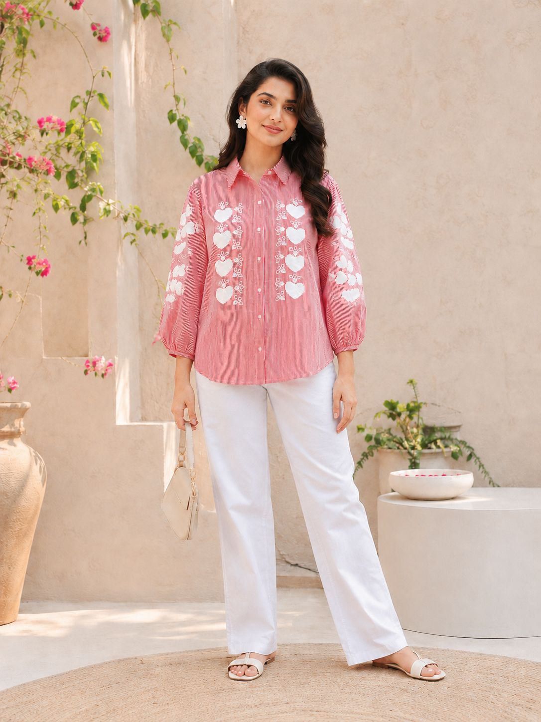 Women's Striped Embroidered Puff Sleeve Cotton Shirt(RED)!❤
