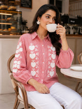 Women's Striped Embroidered Puff Sleeve Cotton Shirt(RED)!❤