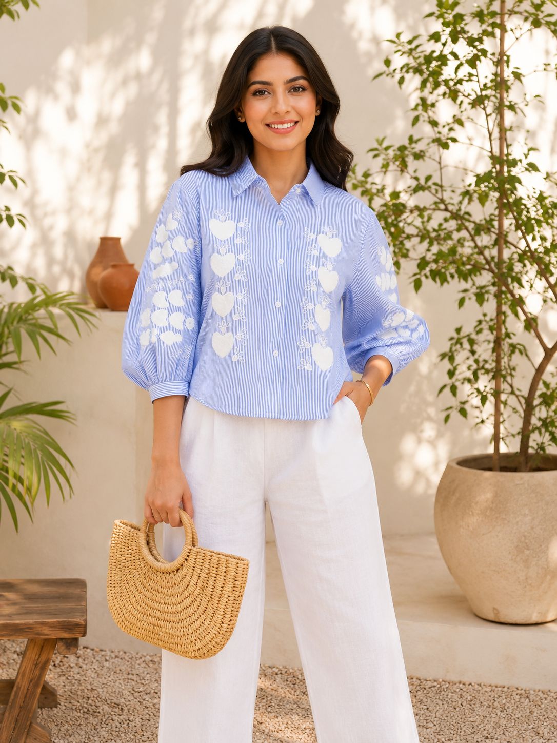 Women's Striped Embroidered Puff Sleeve Cotton Shirt(Blue)!❤
