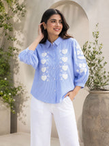 Women's Striped Embroidered Puff Sleeve Cotton Shirt(Blue)!❤