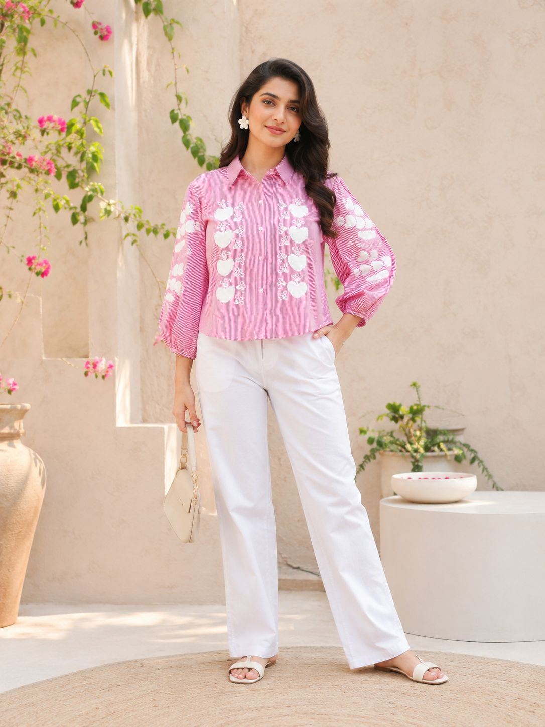 Women's Striped Embroidered Puff Sleeve Cotton Shirt(Pink)!❤