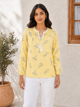 Elegant Sheer Organza Floral Embellished Top – Pastel Yellow