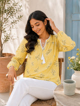 Elegant Sheer Organza Floral Embellished Top – Pastel Yellow