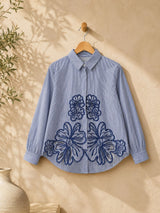 Petal Charm Embroidered Cotton Shirt!(Blue)🤞