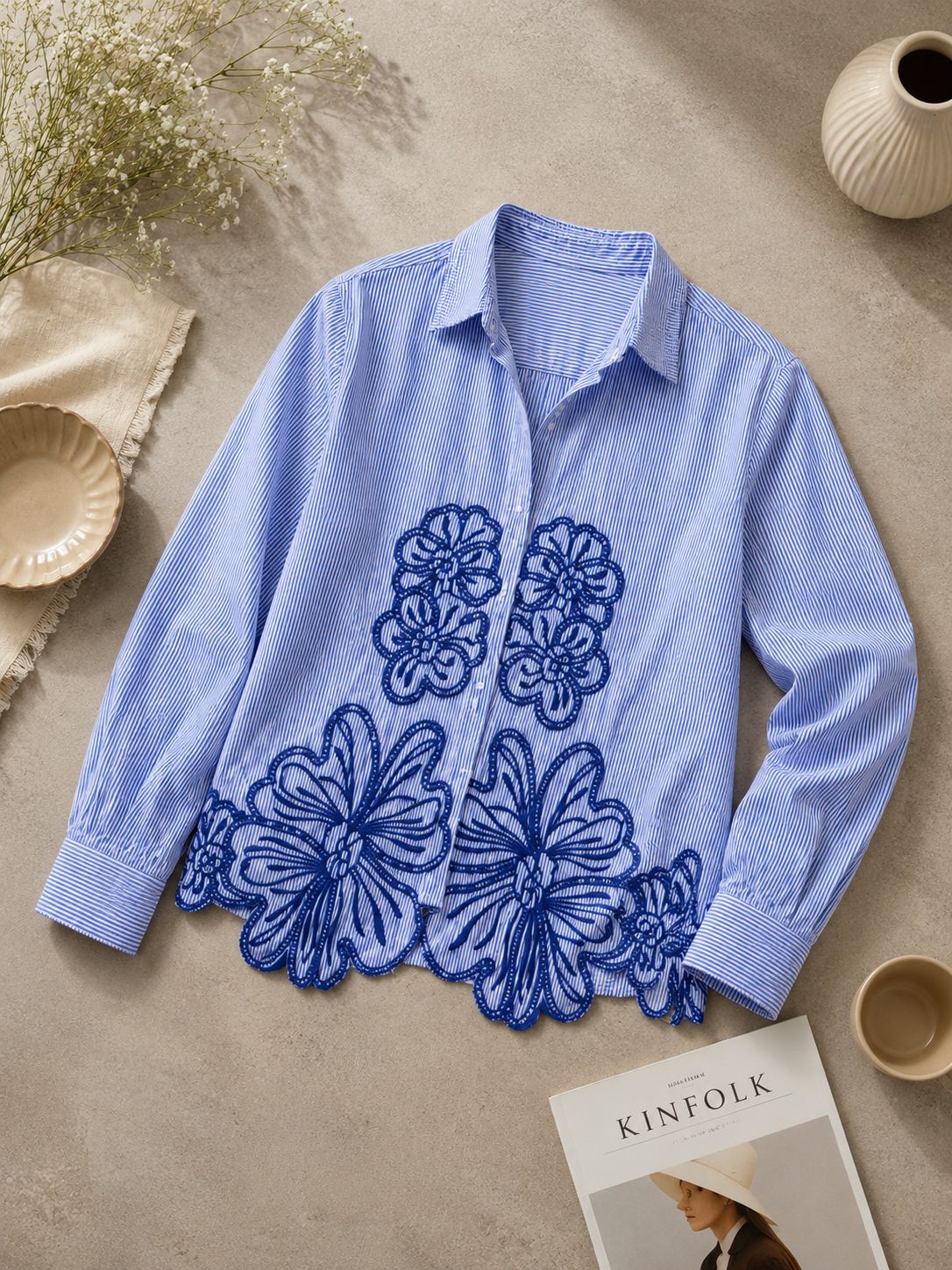 Petal Charm Embroidered Cotton Shirt!(Blue)🤞