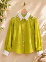 Pearl Bloom Embroidered Lime Green Shirt✔