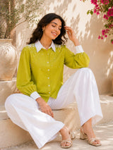 Pearl Bloom Embroidered Lime Green Shirt✔