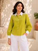 Pearl Bloom Embroidered Lime Green Shirt✔