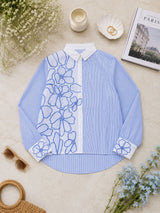 Azure Bloom Embroidered Stripe Shirt!(Blue)💙