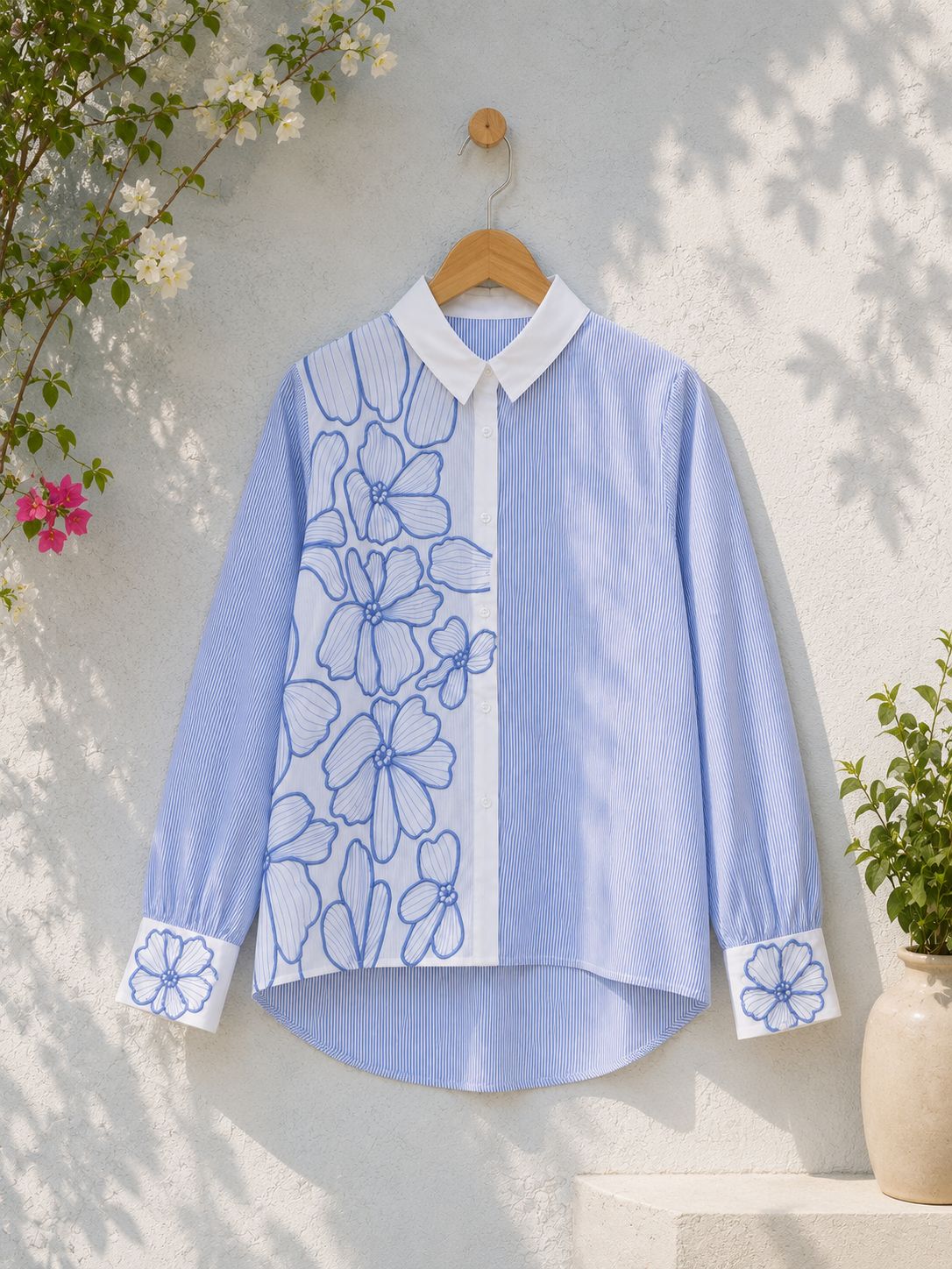 Azure Bloom Embroidered Stripe Shirt!(Blue)💙