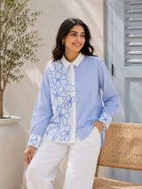 Azure Bloom Embroidered Stripe Shirt!(Blue)💙
