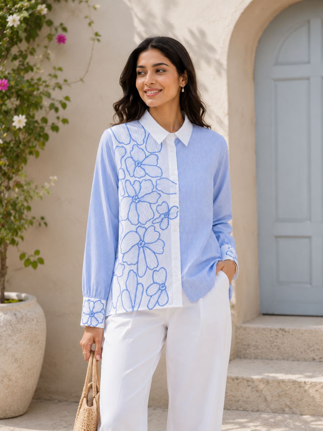 Azure Bloom Embroidered Stripe Shirt!(Blue)💙