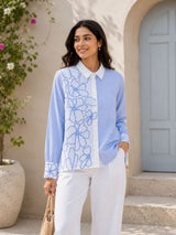 Azure Bloom Embroidered Stripe Shirt!(Blue)💙