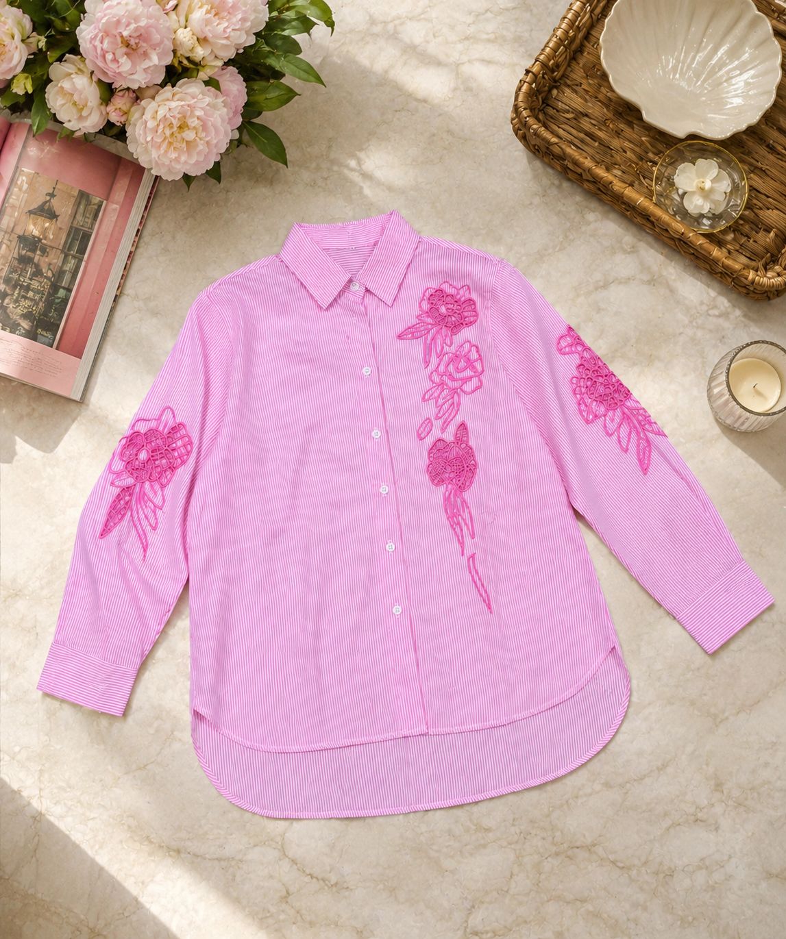 Pink Petal Embroidered Laser-Cut Cotton Shirt