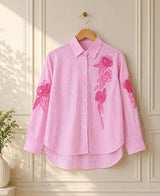 Pink Petal Embroidered Laser-Cut Cotton Shirt