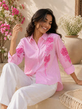 Pink Petal Embroidered Laser-Cut Cotton Shirt