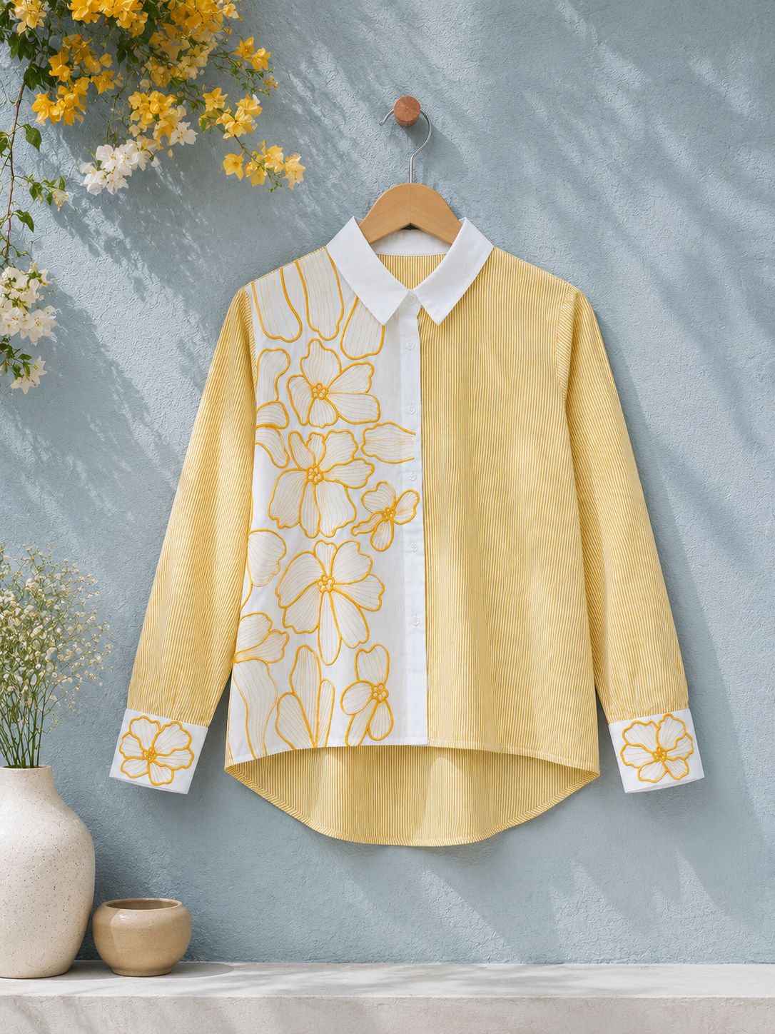 Sunlit Blossom Embroidered Stripe Shirt!(Yellow)💛