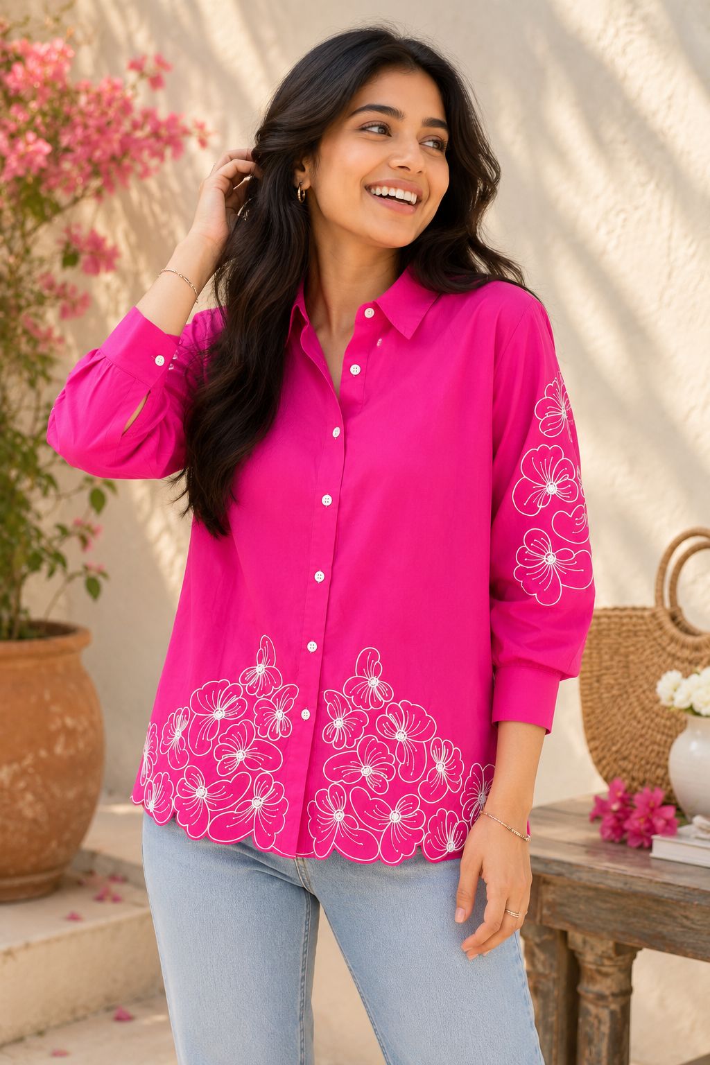 BloomScape Fuchsia Floral Cotton Shirt!🌸