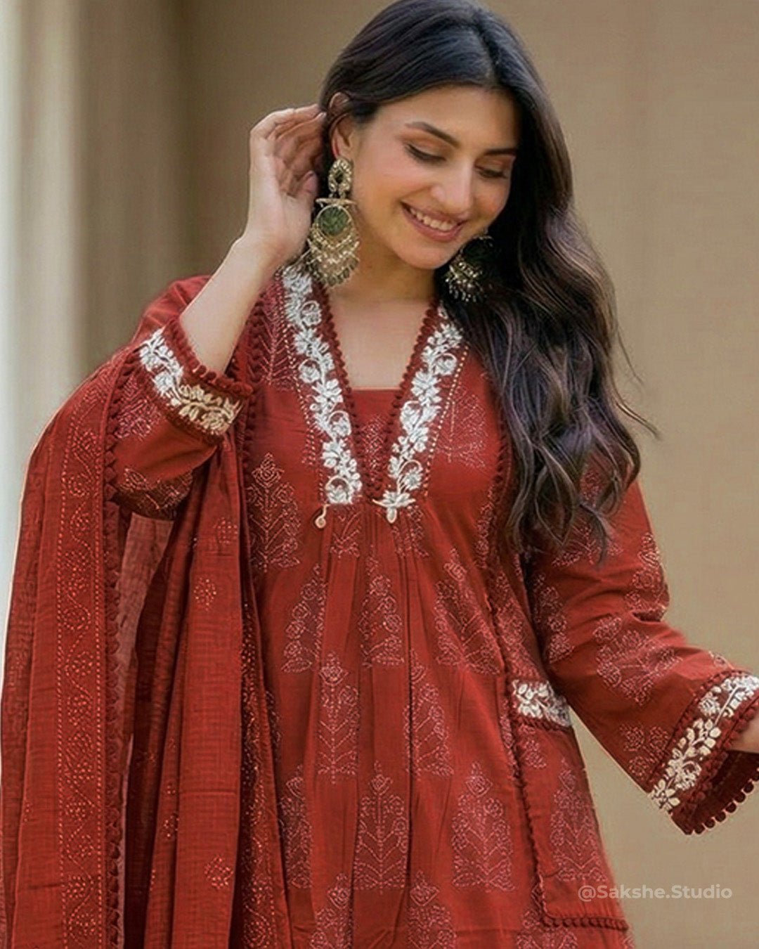 Garden Pocket Threadwork Pure Cotton A - Line Suit with Kota Dupatta - Sakshe Studio