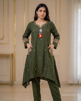 Hand Crafted Muslin A - Line Co - ord Set with Pocket Embroidery - Sakshe Studio