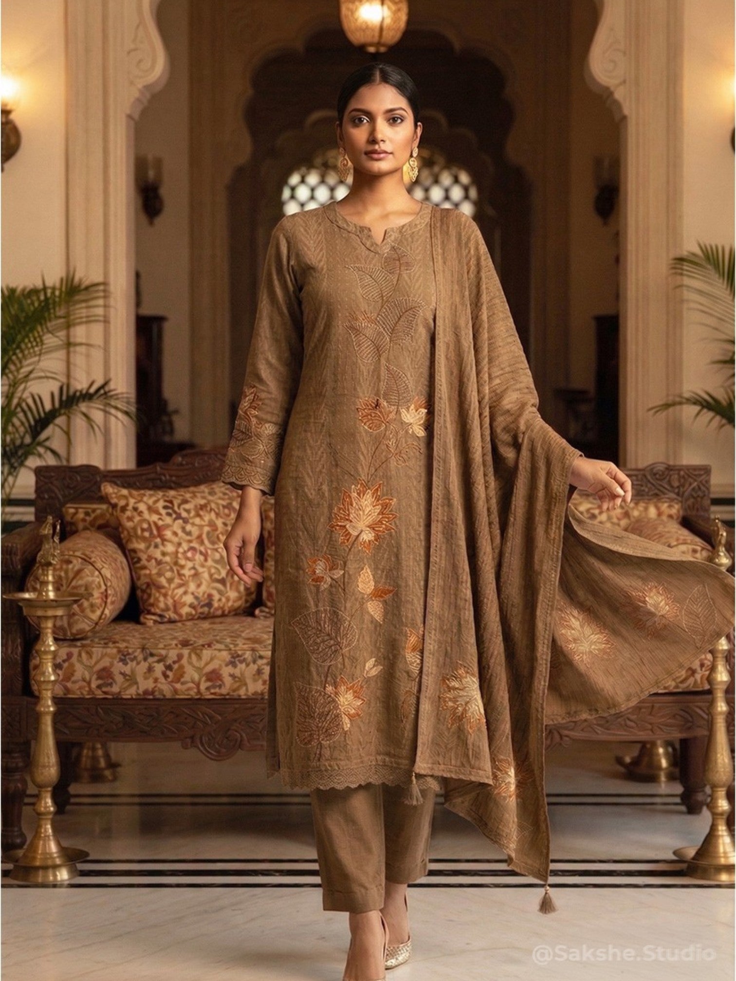 Ivory Craft Threadwork Jacquard Cotton Straight Suit - Sakshe Studio