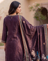 Kantha Birds Hand Embroidery Pure Linen Cotton Straight Suit - Sakshe Studio
