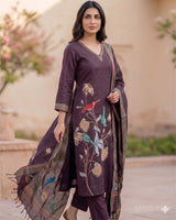 Kantha Birds Hand Embroidery Pure Linen Cotton Straight Suit - Sakshe Studio