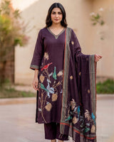 Kantha Birds Hand Embroidery Pure Linen Cotton Straight Suit - Sakshe Studio