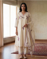 Pearl & Thread Embroidery Mul Cotton A - Line Suit with Kota Dupatta - Sakshe Studio