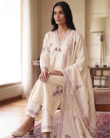 Pearl & Thread Embroidery Mul Cotton A - Line Suit with Kota Dupatta - Sakshe Studio